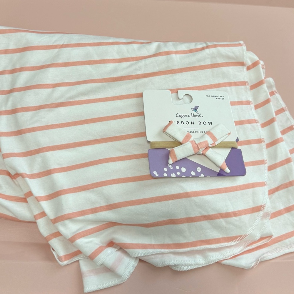 Copper Pearl Swaddle with headband, pink striped